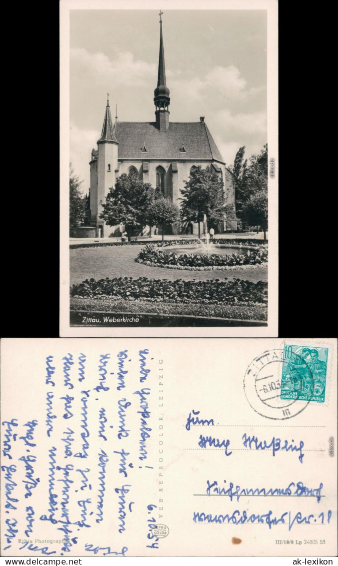 Ansichtskarte Zittau Anlagen, Springbrunnen - Wberkirche 1956  - Zittau