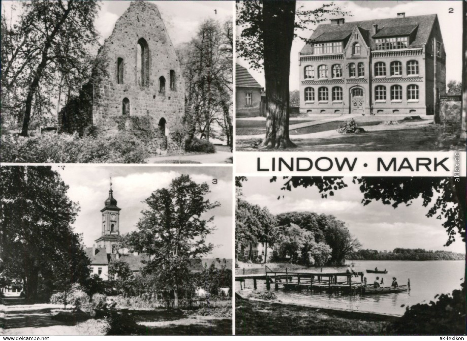 Ansichtskarte Lindow (Mark) Klosterruine, Zentralschule, Kirche, Wutzsee 1974 - Lindow