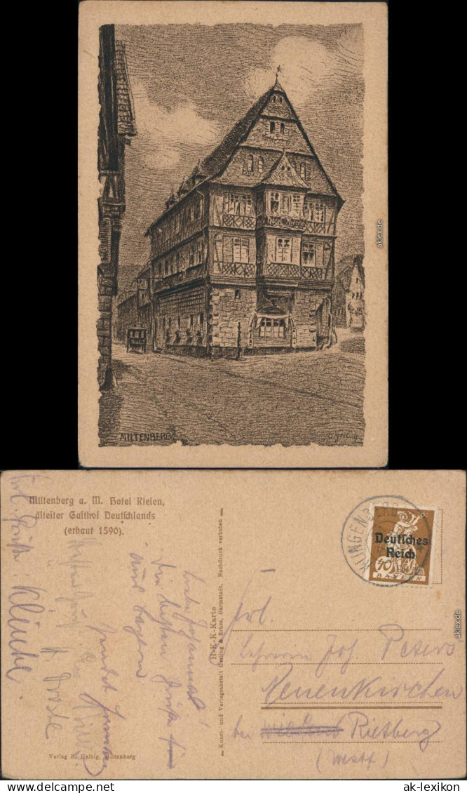 Miltenberg (Main) Federzeichnung - Künstlerkarte, Gasthaus Zum Riesen 1924  - Miltenberg A. Main