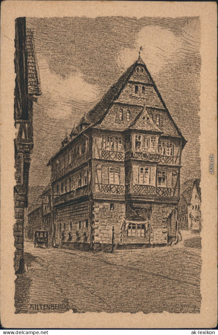Miltenberg (Main) Federzeichnung - Künstlerkarte, Gasthaus Zum Riesen 1924  - Miltenberg A. Main