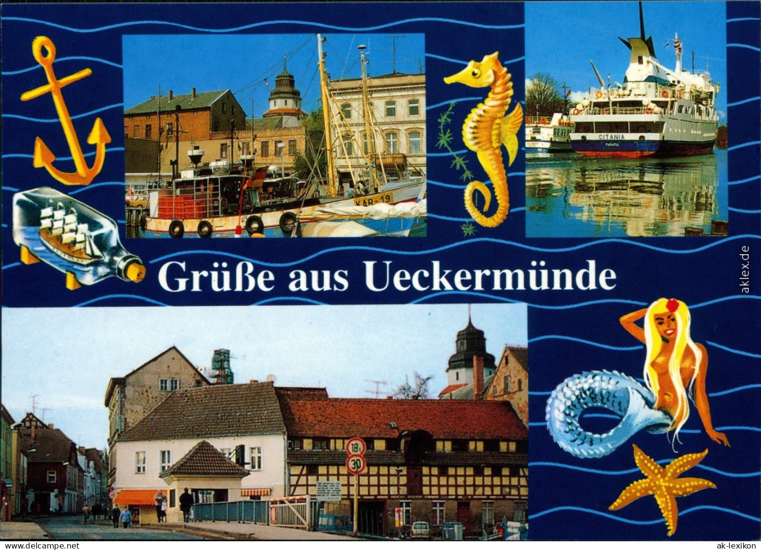 Ansichtskarte Ueckermünde Hafen, Schiffe, Markt, Brücke 1995 - Ückermünde