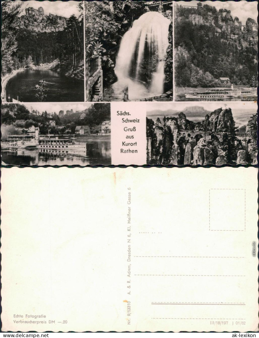 Ansichtskarte Rathen Fluss, Dampfer, Basteibrücke, Wasserfall 1962 - Rathen