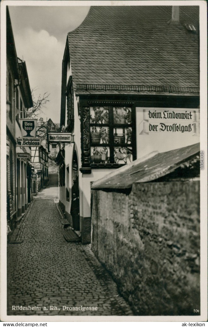 Ansichtskarte Rüdesheim (Rhein) Drosselgasse, Werbung 1932  - Rüdesheim A. Rh.