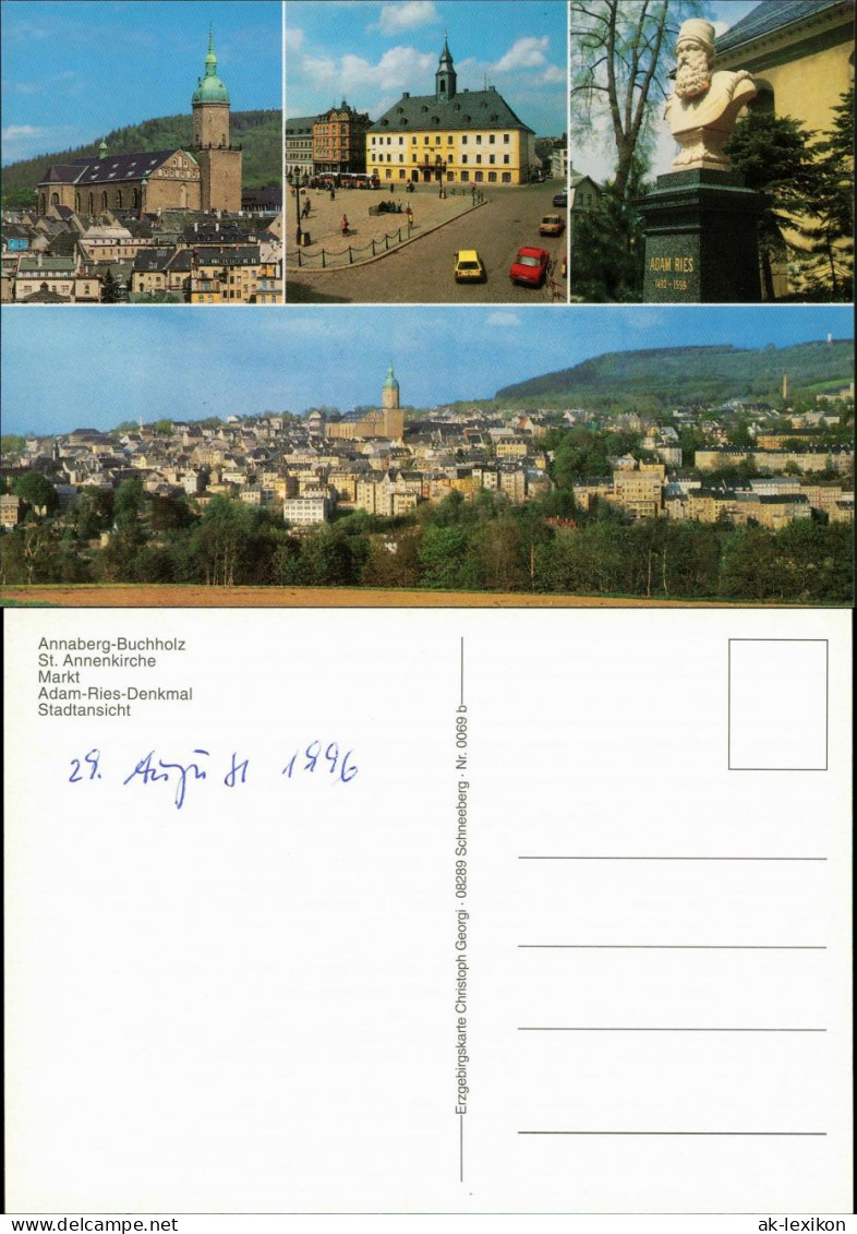 Annaberg-Buchholz Kirche, Markt, Adam-Ries-Denkmal, Panorama 1990 - Annaberg-Buchholz