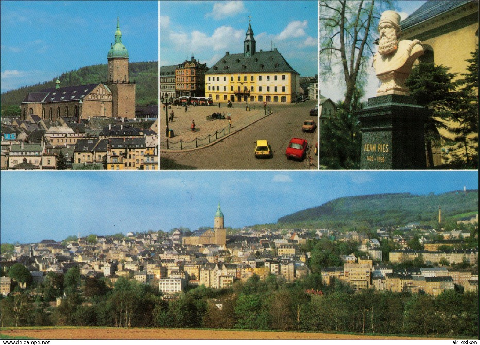 Annaberg-Buchholz Kirche, Markt, Adam-Ries-Denkmal, Panorama 1990 - Annaberg-Buchholz