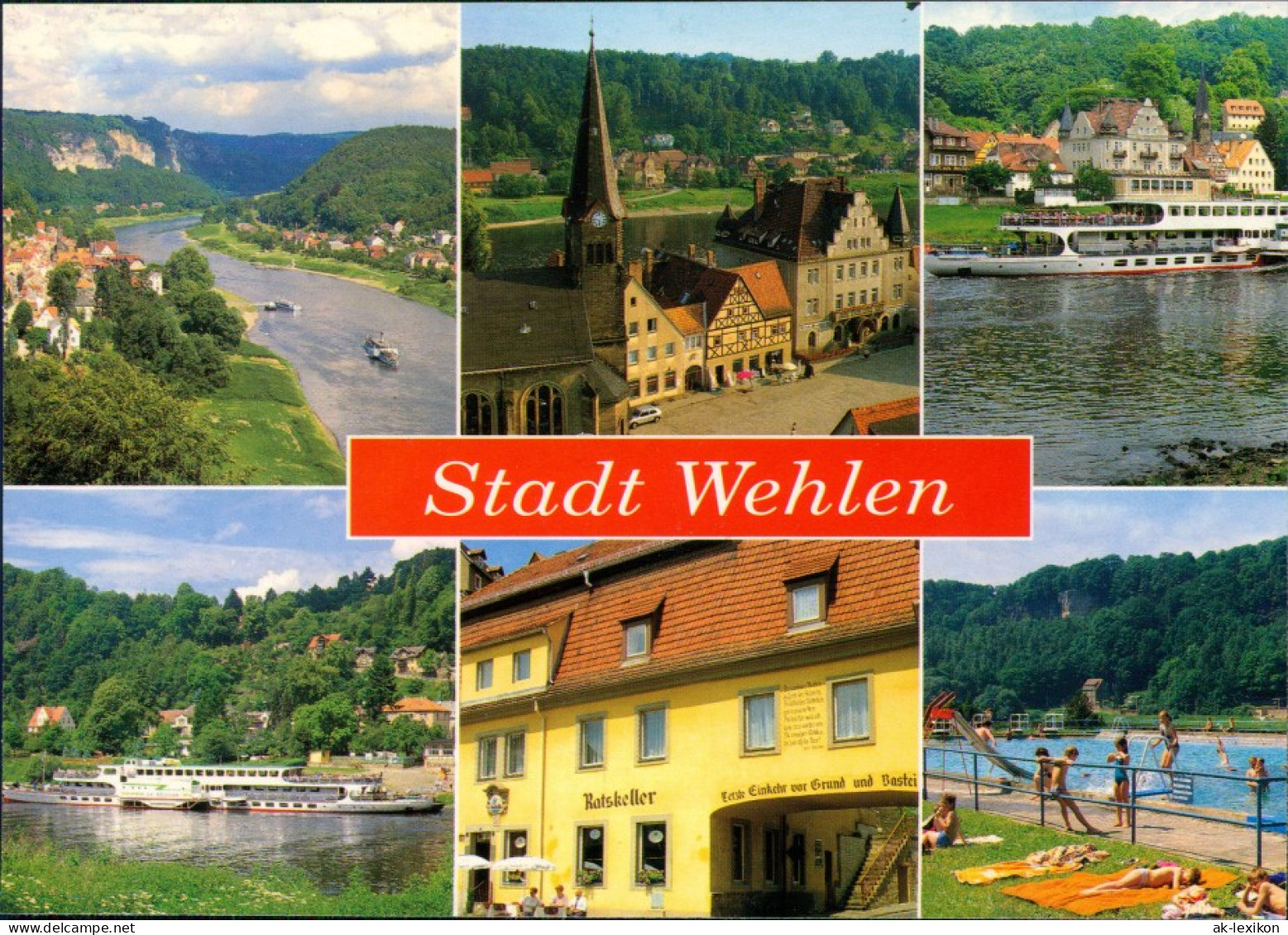 Ansichtskarte Wehlen Elbtal, Kirche, Dampfer, Ratskeller, Freibad 1995 - Wehlen