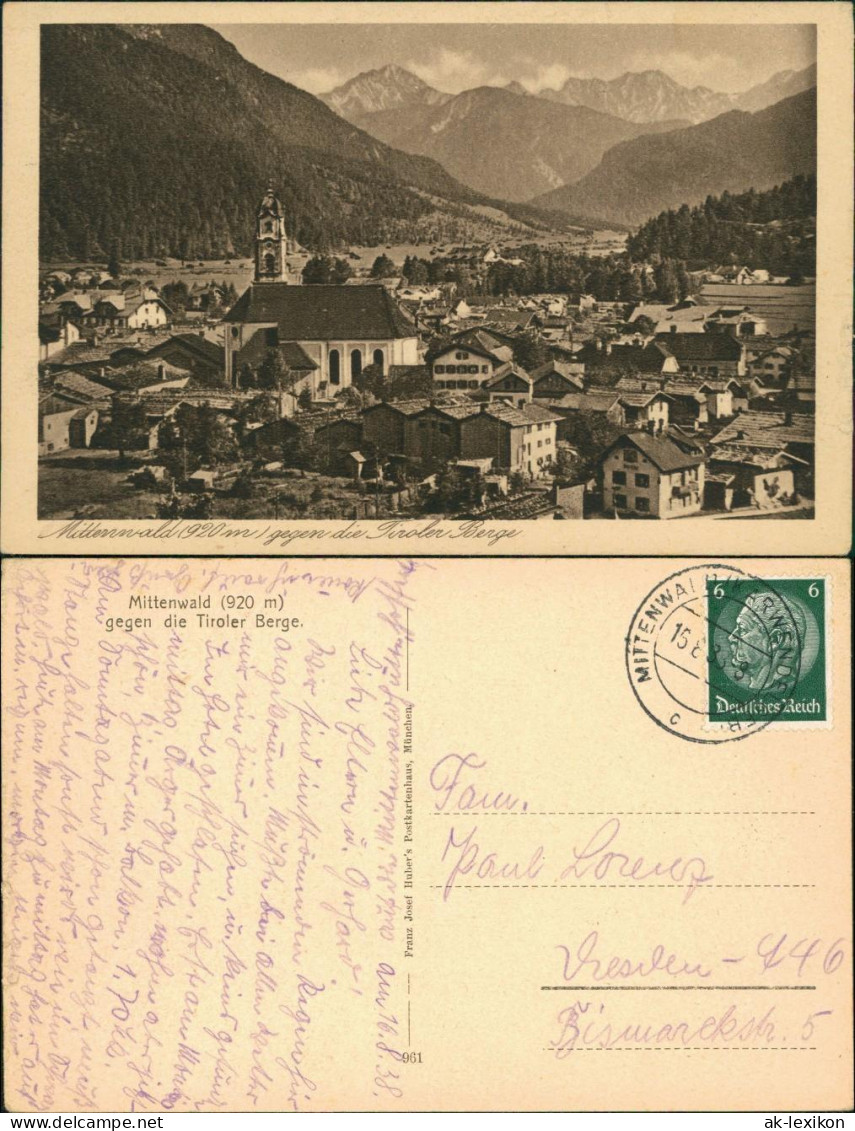 Ansichtskarte Mittenwald Blick Auf Den Ort Mit Tiroler Berge 1938 - Mittenwald