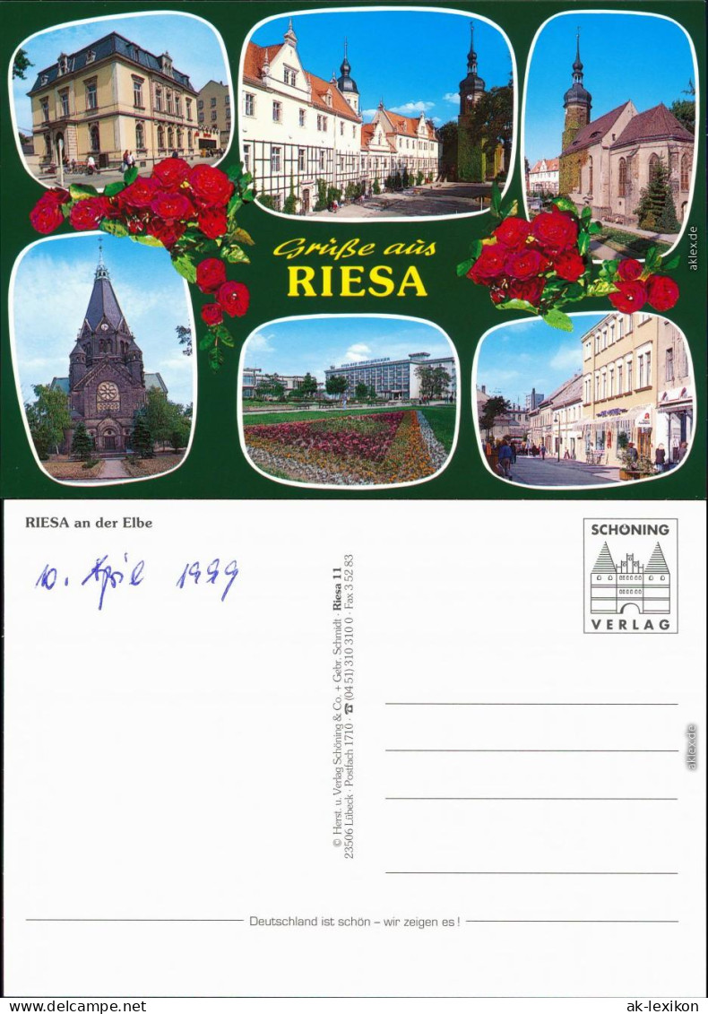 Ansichtskarte Riesa Kirche, Fußgängerzone, Park, Geschäfte 1999 - Riesa