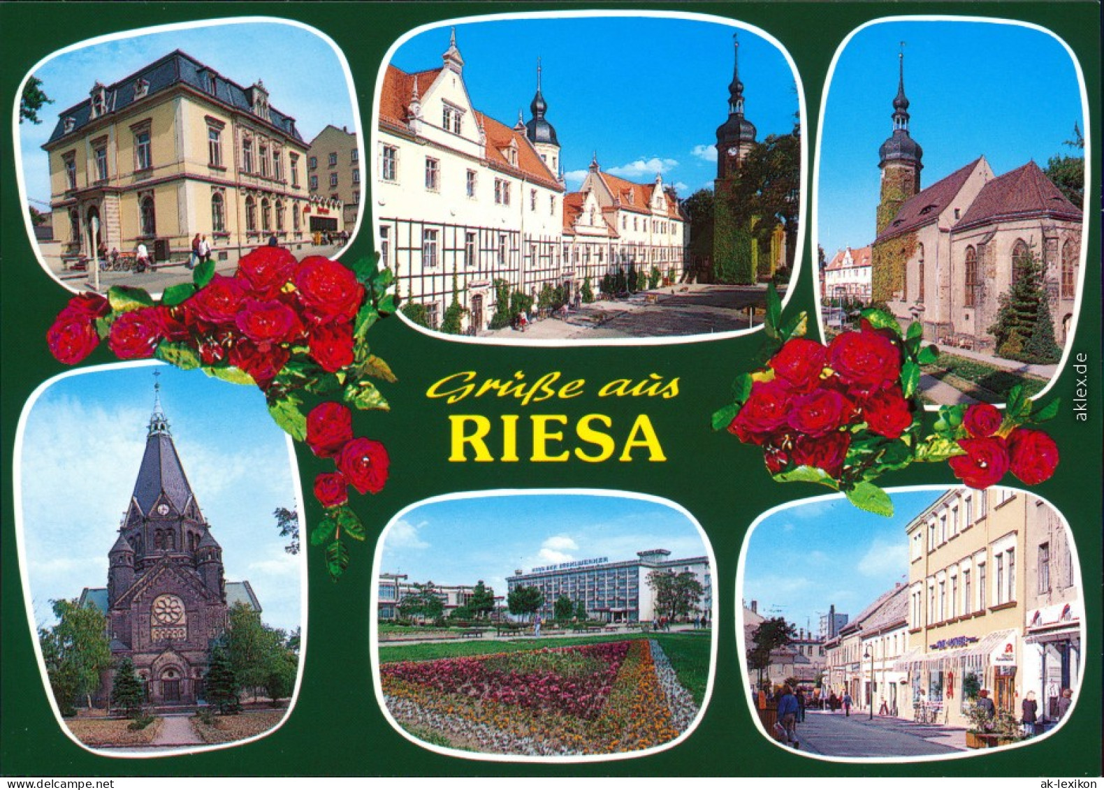 Ansichtskarte Riesa Kirche, Fußgängerzone, Park, Geschäfte 1999 - Riesa