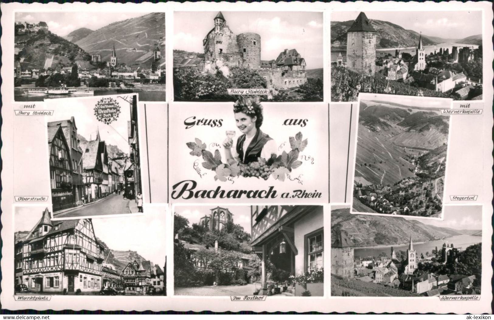 Bacharach Burg Stahleck, Panorama, Oberstraße, Markt, Posthof,  1956 - Bacharach