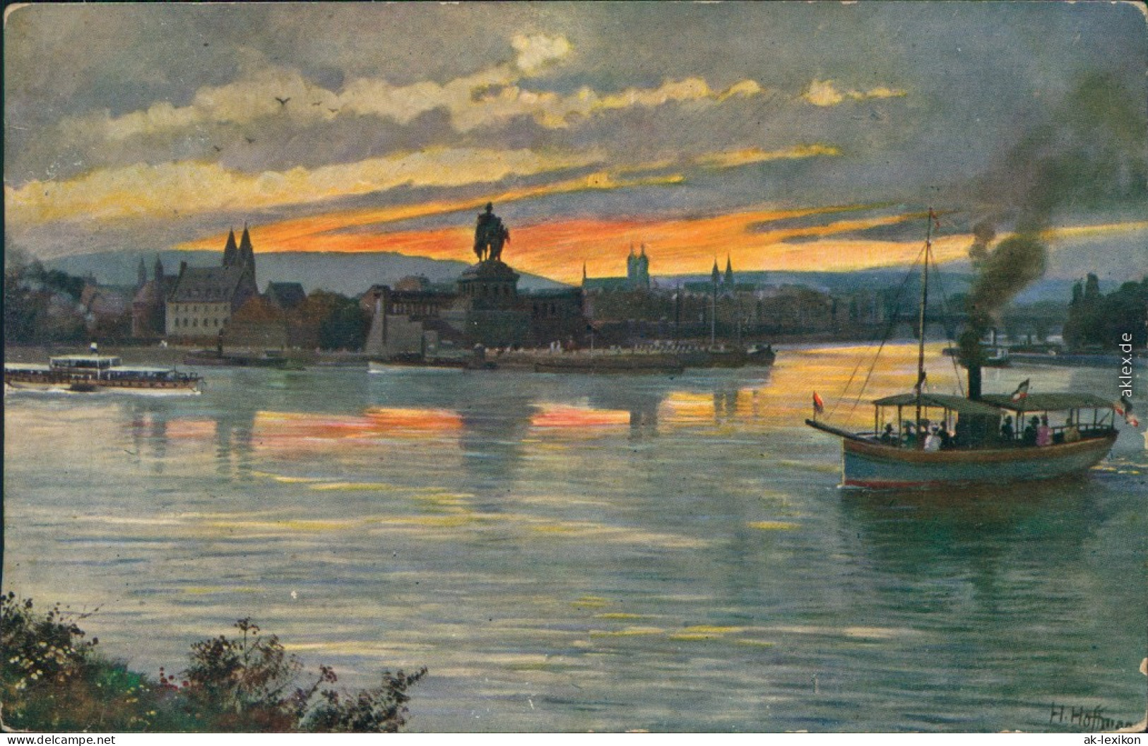 Ansichtskarte Koblenz Künstlerkarte V. H. Hoffmann - Deutsches Eck Schiff 1912 - Koblenz