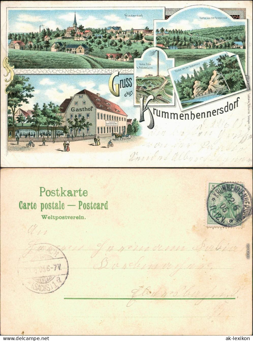 Krummenhennersdorf-Freiberg   5 Bild Litho: Stadt, Fabrik, Gasthaus 1905 - Freiberg (Sachsen)