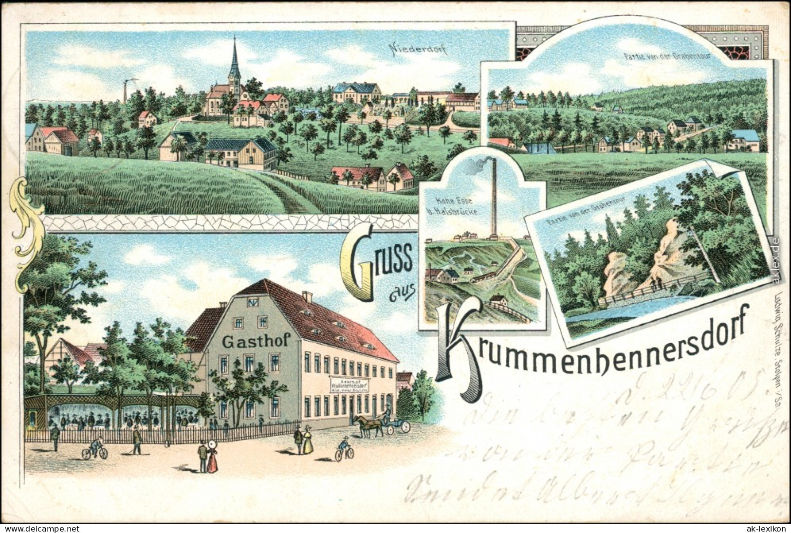 Krummenhennersdorf-Freiberg   5 Bild Litho: Stadt, Fabrik, Gasthaus 1905 - Freiberg (Sachsen)