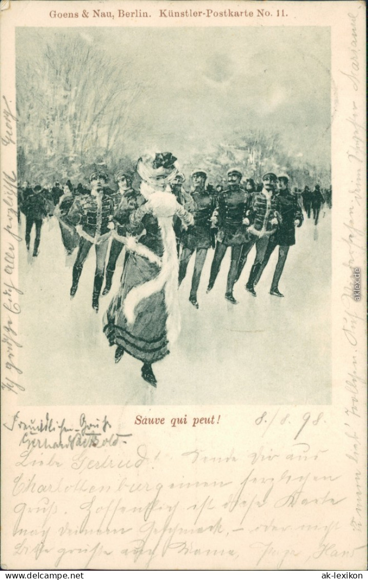 Ansichtskarte  Frau Und Soldaten Beim Schlttschuh Laufen 1898  - Winter Sports