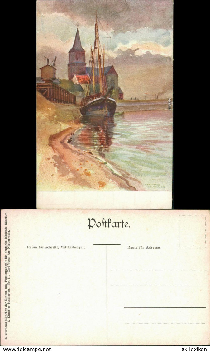  Künstlerkarte: Gemälde V. Carl Voss "Segelschiff" Am Strand 1914 - Segelboote