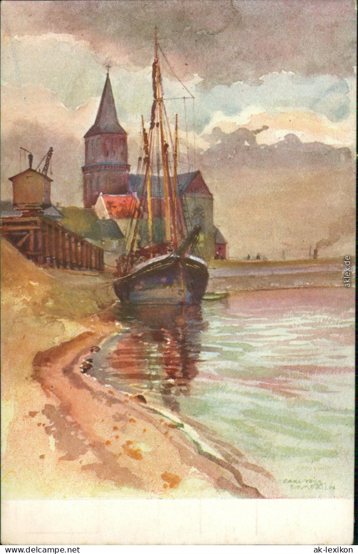  Künstlerkarte: Gemälde V. Carl Voss "Segelschiff" Am Strand 1914 - Velieri