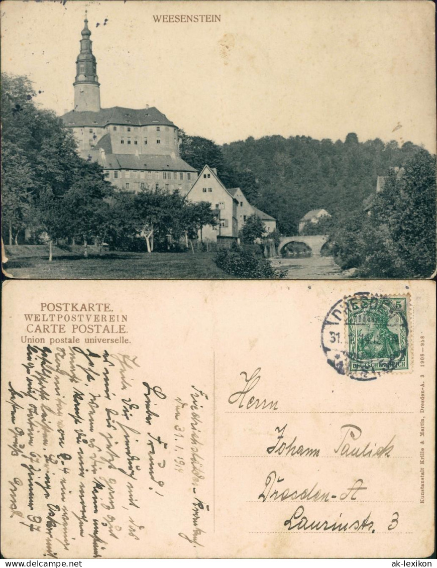 Ansichtskarte Weesenstein (Müglitz) Schloss Weesenstein 1914 - Weesenstein A. D. Mueglitz