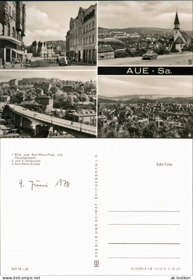 Aue (Erzgebirge) Karl-Marx-Platz, Hauptpostamt, Panorama, Karl-Marx-Brücke 1972 - Aue