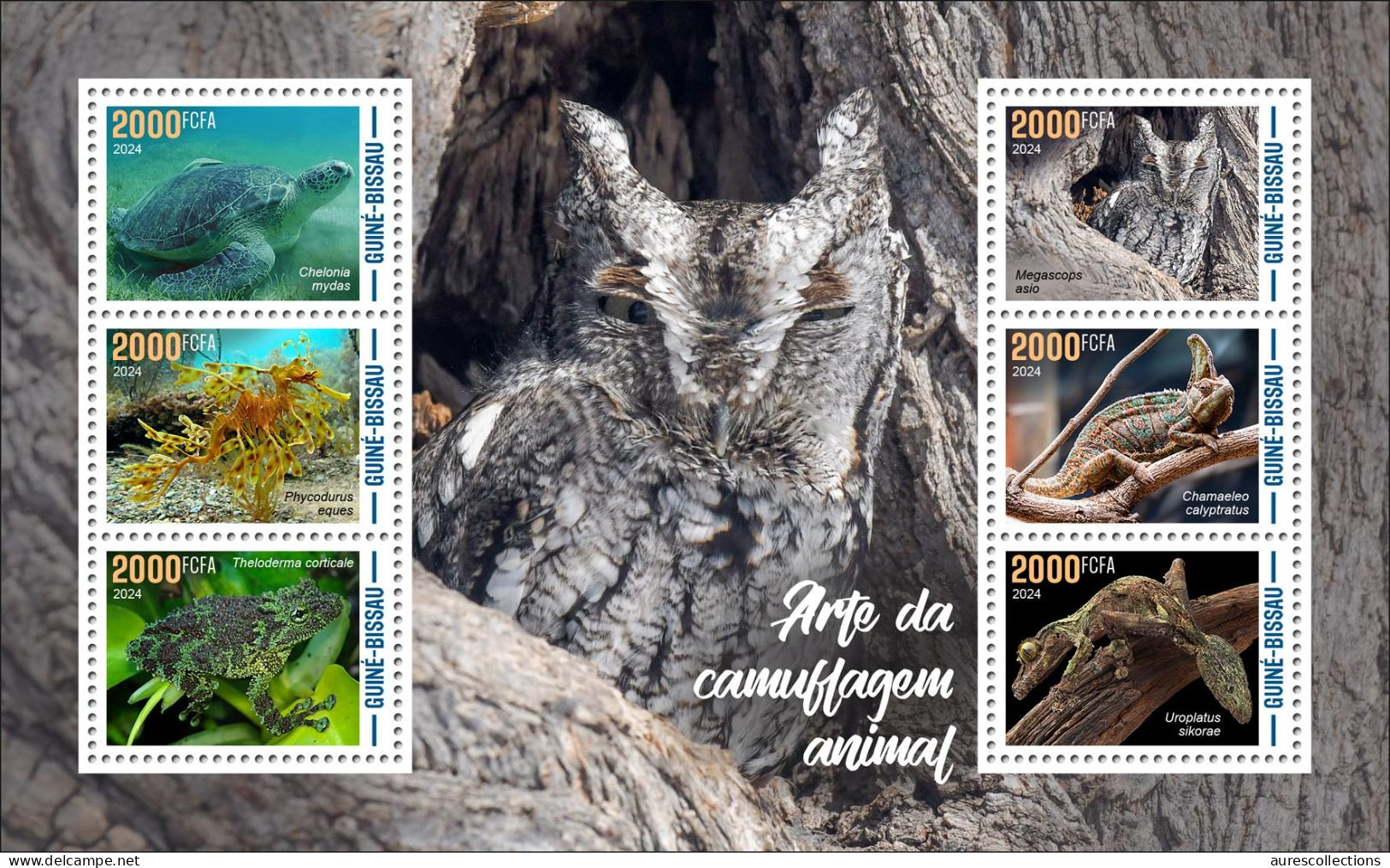 GUINEA BISSAU 2024 MS 6V - CAMOUFLAGE - FROG FROGS TURTLES TURTLE OWL OWLS GECKO CHAMELEON SEAHORSE HIPPOCAMPE MNH - Tortues