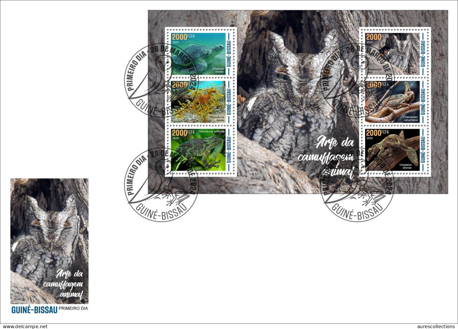 GUINEA BISSAU 2024 FDC MS 6V - CAMOUFLAGE - FROG FROGS TURTLES TURTLE OWL OWLS GECKO CHAMELEON SEAHORSE HIPPOCAMPE - Ranas