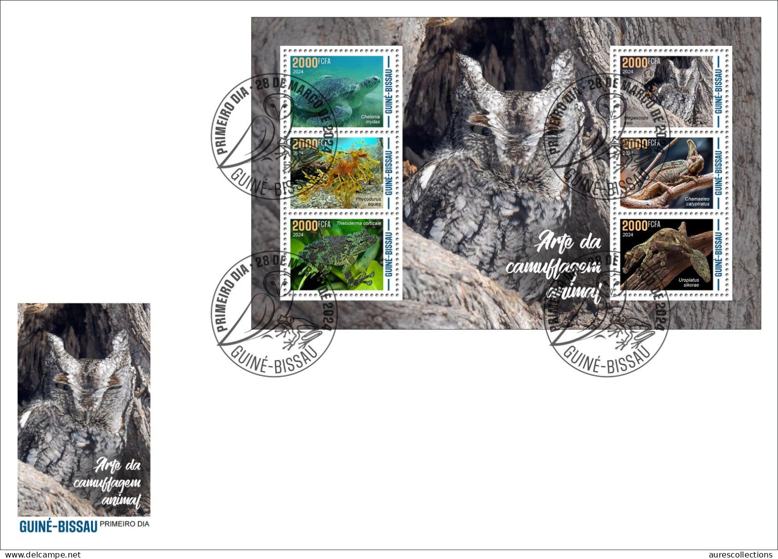 GUINEA BISSAU 2024 FDC MS 6V - CAMOUFLAGE - FROG FROGS TURTLES TURTLE OWL OWLS GECKO CHAMELEON SEAHORSE HIPPOCAMPE - Rane