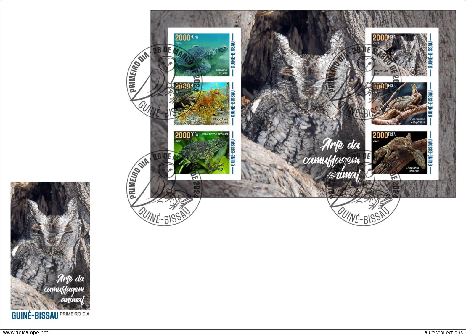 GUINEA BISSAU 2024 FDC IMPERF MS 6V - CAMOUFLAGE - FROG FROGS TURTLES TURTLE OWL OWLS GECKO CHAMELEON SEAHORSE - Frogs