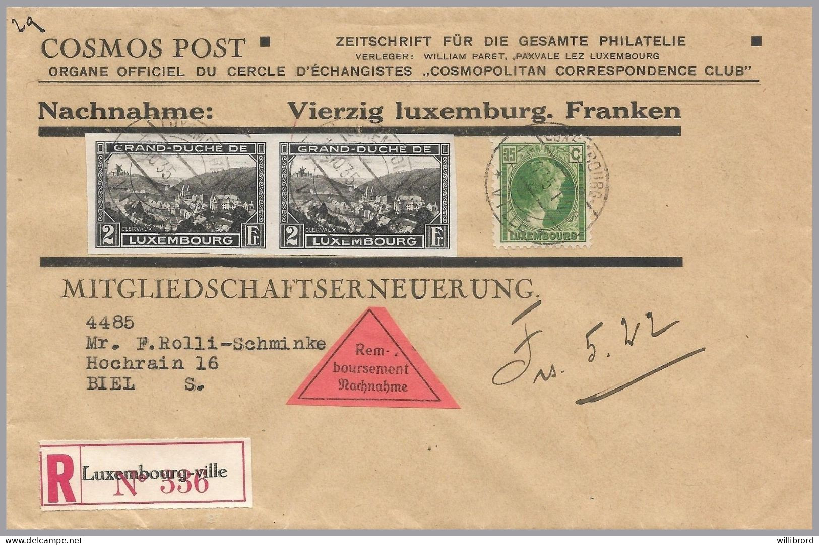 LUXEMBOURG - 2-Fr Clervaux IMPERFORATE PAIR - Only Valid For 4½ Months! COD Reg Printed Matter To SWITZERLAND - Lettres & Documents