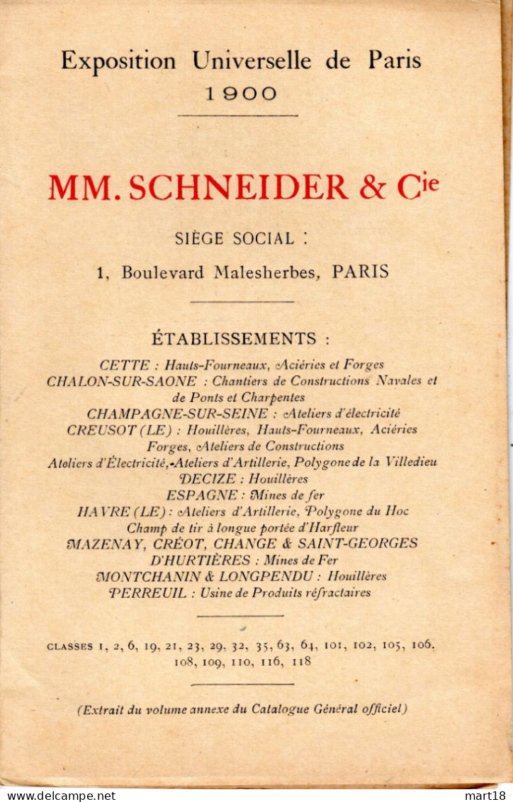 Plaquette - SCHNEIDER - Exposition Universelle De 1900 - Acieries Canon Locomotives... - Publicités