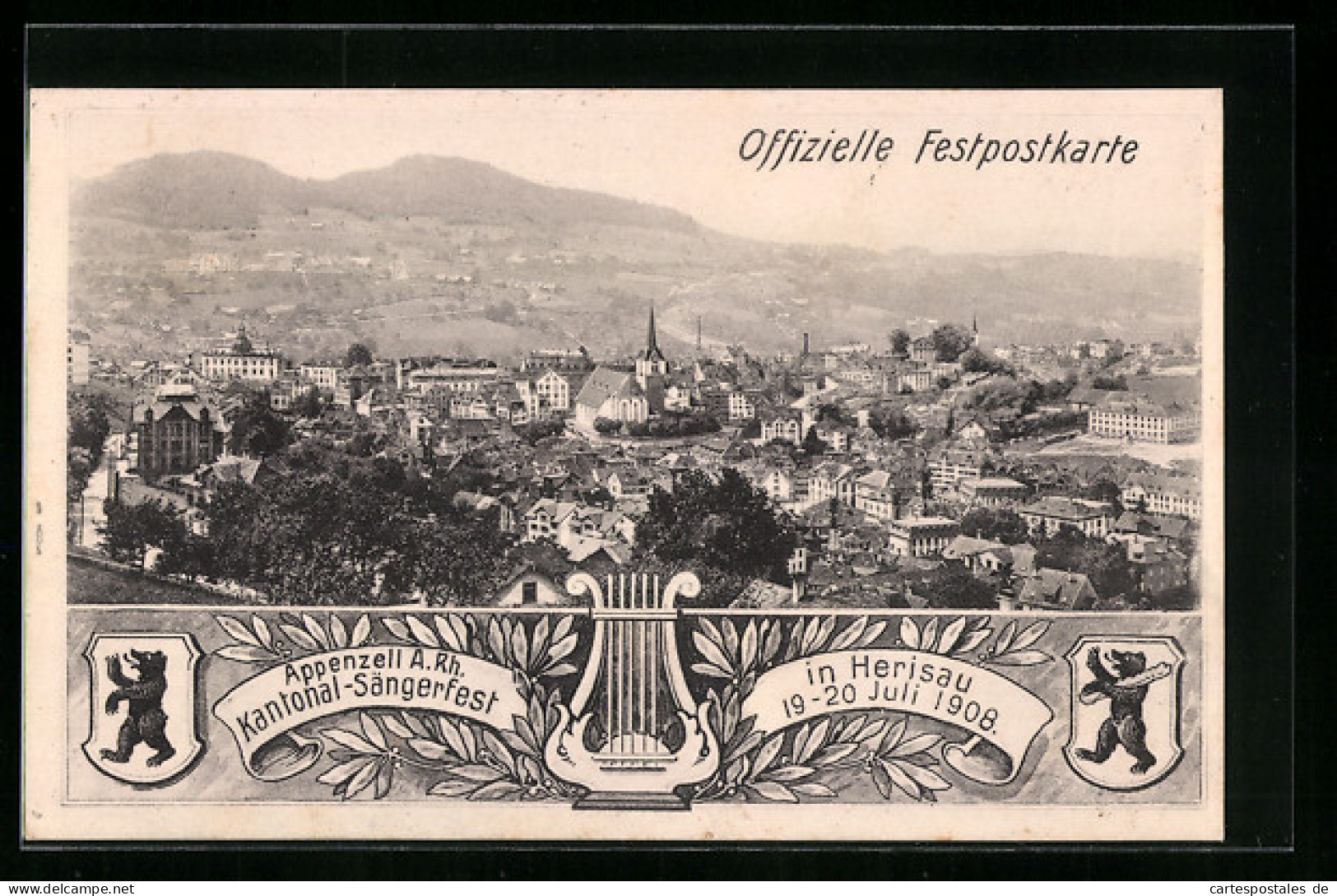 AK Herisau, Kantonal-Sängerfest 1908, Ortsansicht Aus Der Vogelschau, Wappen Und Lyra  - Herisau