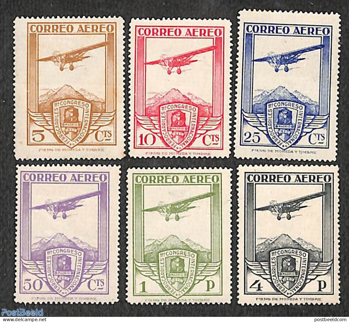 Spain 1930 Railways Congress, Airmail 6v, Unused (hinged), Transport - Aircraft & Aviation - Railways - Unused Stamps