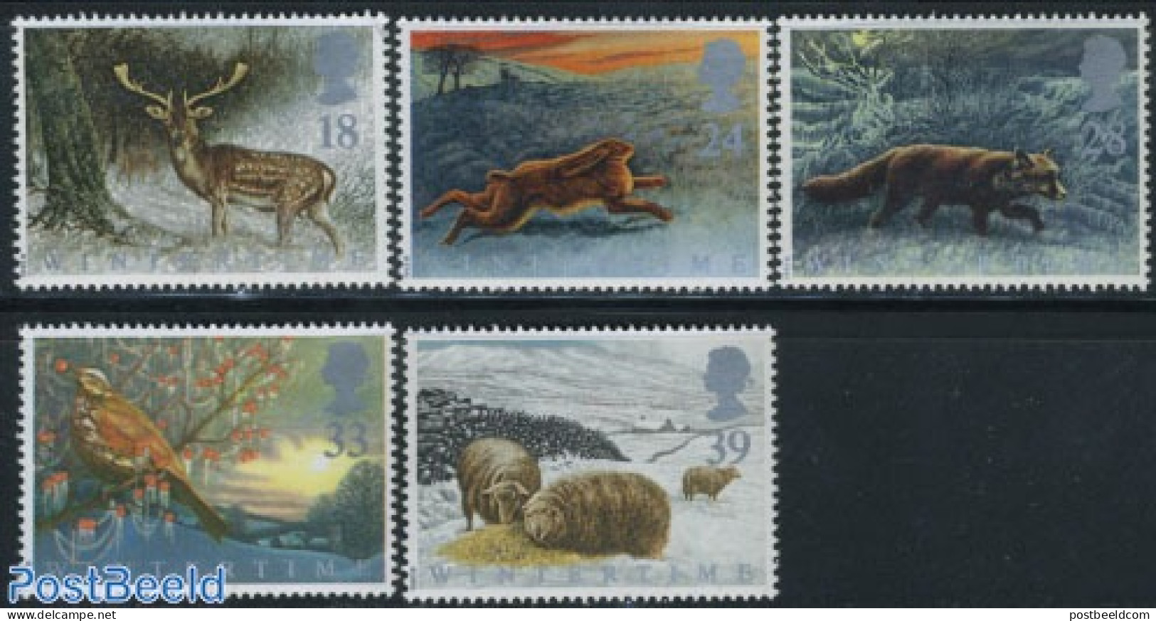 Great Britain 1992 Winter, Animals 5v, Mint NH, Nature - Animals (others & Mixed) - Birds - Cattle - Deer - Rabbits / .. - Autres & Non Classés