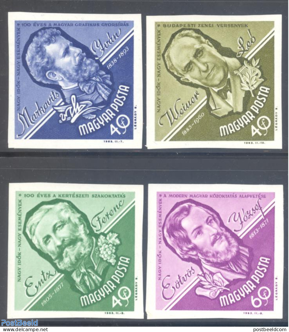 Hungary 1963 Famous Persons 4v Imperforated, Mint NH, Nature - Performance Art - Science - Wine & Winery - Music - Edu.. - Nuevos