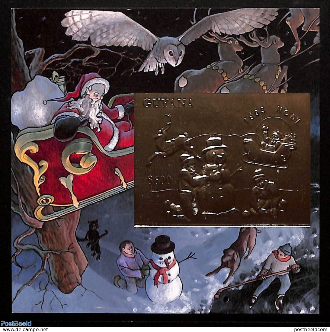 Guyana 1993 Christmas S/s, Gold, Mint NH, Nature - Religion - Sport - Transport - Various - Dogs - Christmas - Basebal.. - Noël