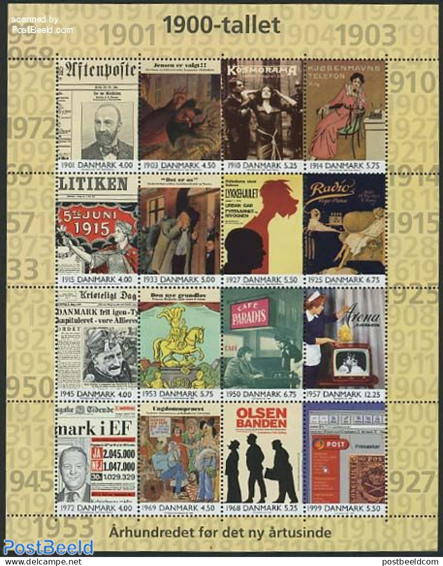 Denmark 2000 20th Century 16v M/s, Mint NH, History - Nature - Performance Art - Newspapers & Journalism - Horses - Ra.. - Nuevos