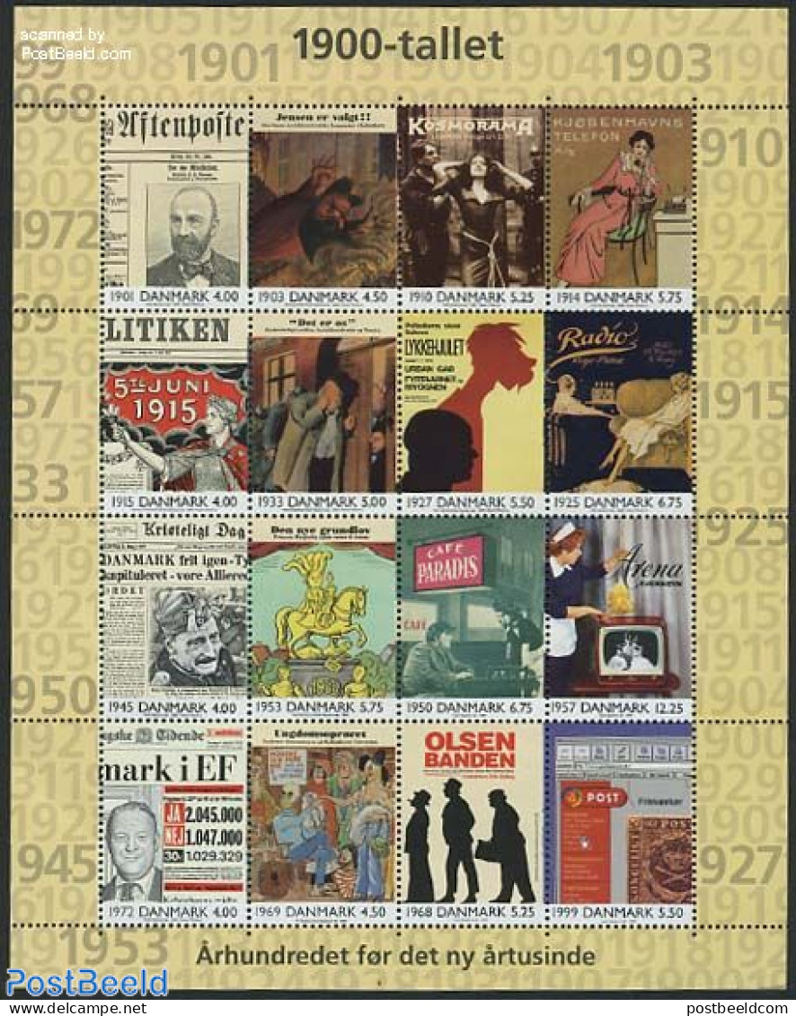 Denmark 2000 20th Century 16v M/s, Mint NH, History - Nature - Performance Art - Newspapers & Journalism - Horses - Ra.. - Neufs