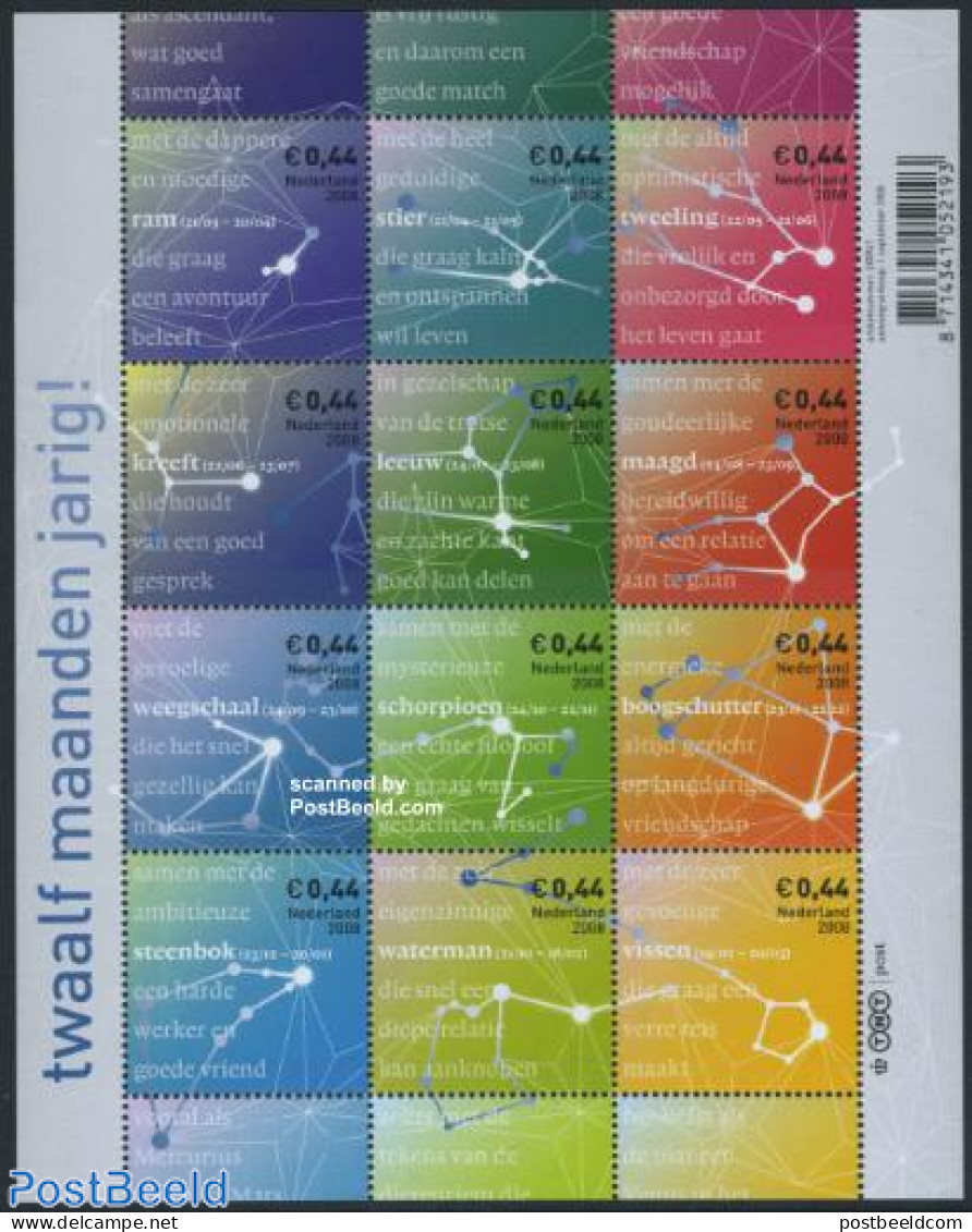 Netherlands 2008 Astrology 12v M/s, Mint NH, Science - Unused Stamps