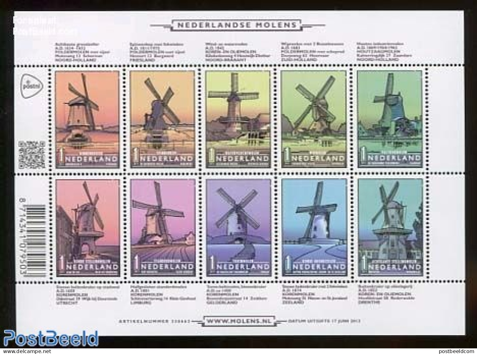 Netherlands 2013 Windmills 10v M/s, Mint NH, Various - Mills (Wind & Water) - Unused Stamps