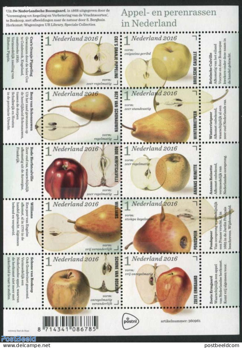 Netherlands 2016 Apples & Pears 10v M/s, Mint NH, Nature - Fruit - Ongebruikt