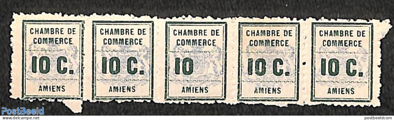 France 1909 Chambre De Commerce De Amiens Strip Of 5, Center Stamp Without C., Mint NH - Unused Stamps