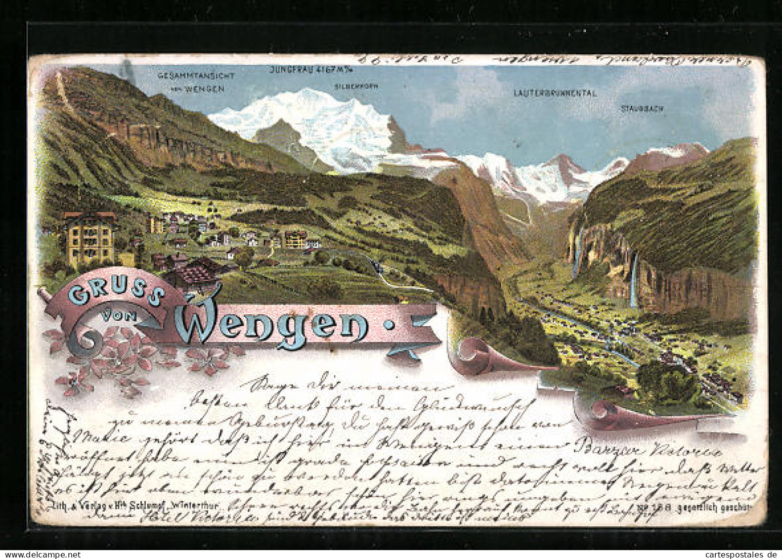 Lithographie Wengen, Gesamtansicht Mit Lauterbrunnental, Jugfrau Und Silberhorn  - Wengen