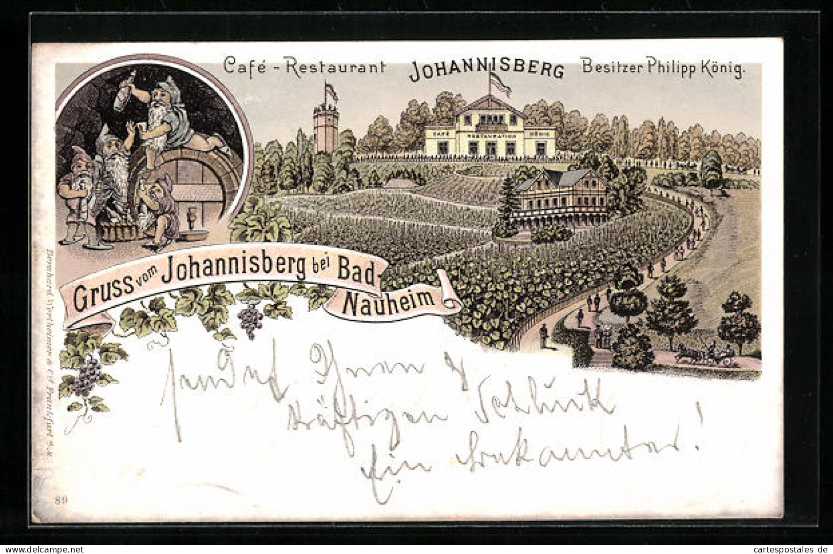 Lithographie Bad Nauheim, Cafe-Restaurant Johannisberg Mit Umgebung, Zwerge Im Weinkeller  - Bad Nauheim