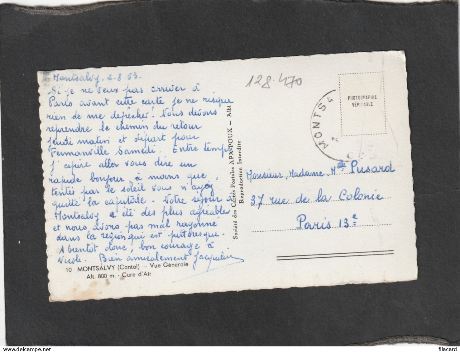 128470            Francia,     Montsalvy,    Vue   Generale,   Cure  D"Air,   VGSB   1953 - Arpajon Sur Cere