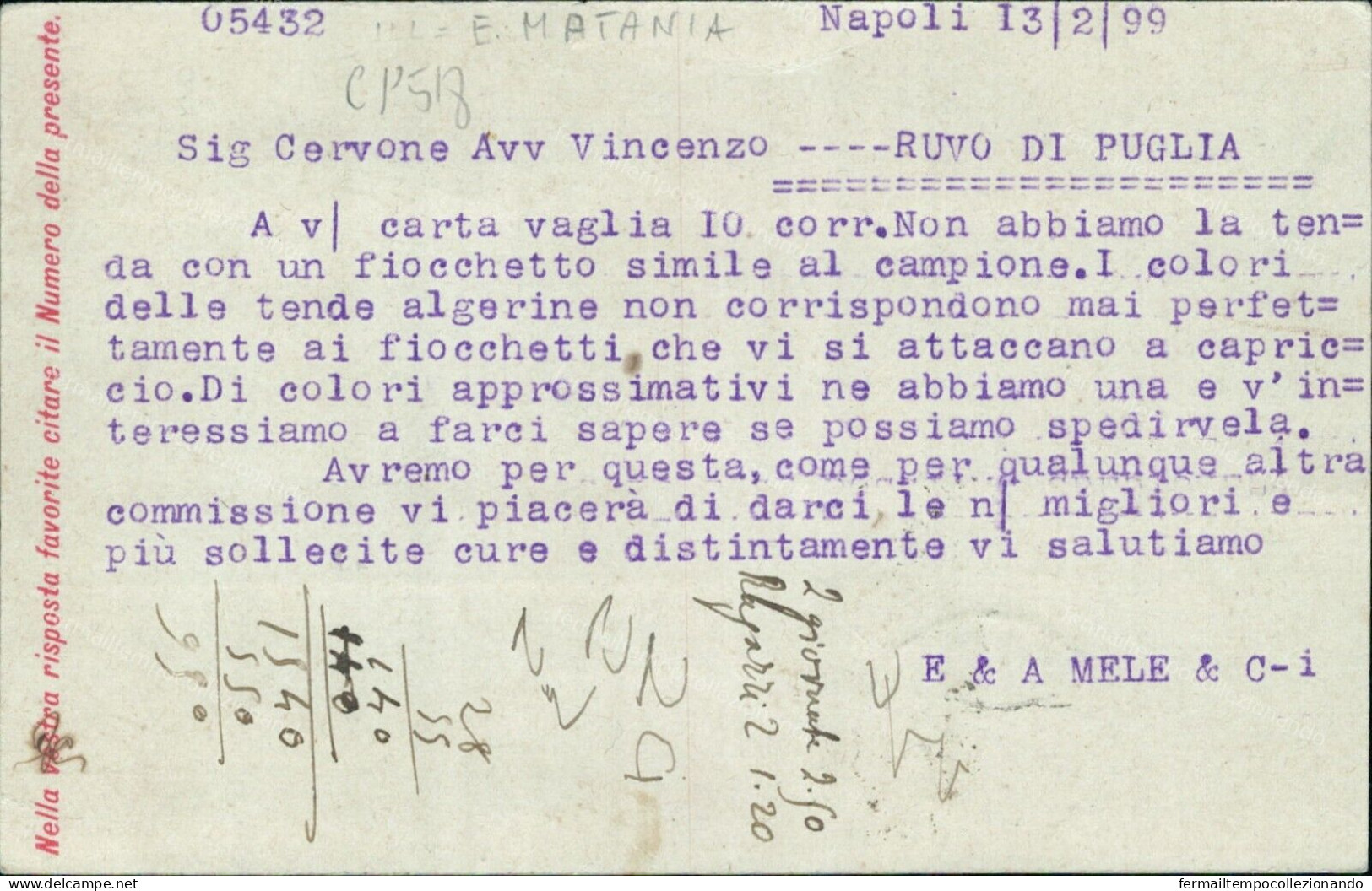 Cp518 Cartolina Commerciale Napoli Citta' Magazzini Mele 1899 - Napoli (Naples)