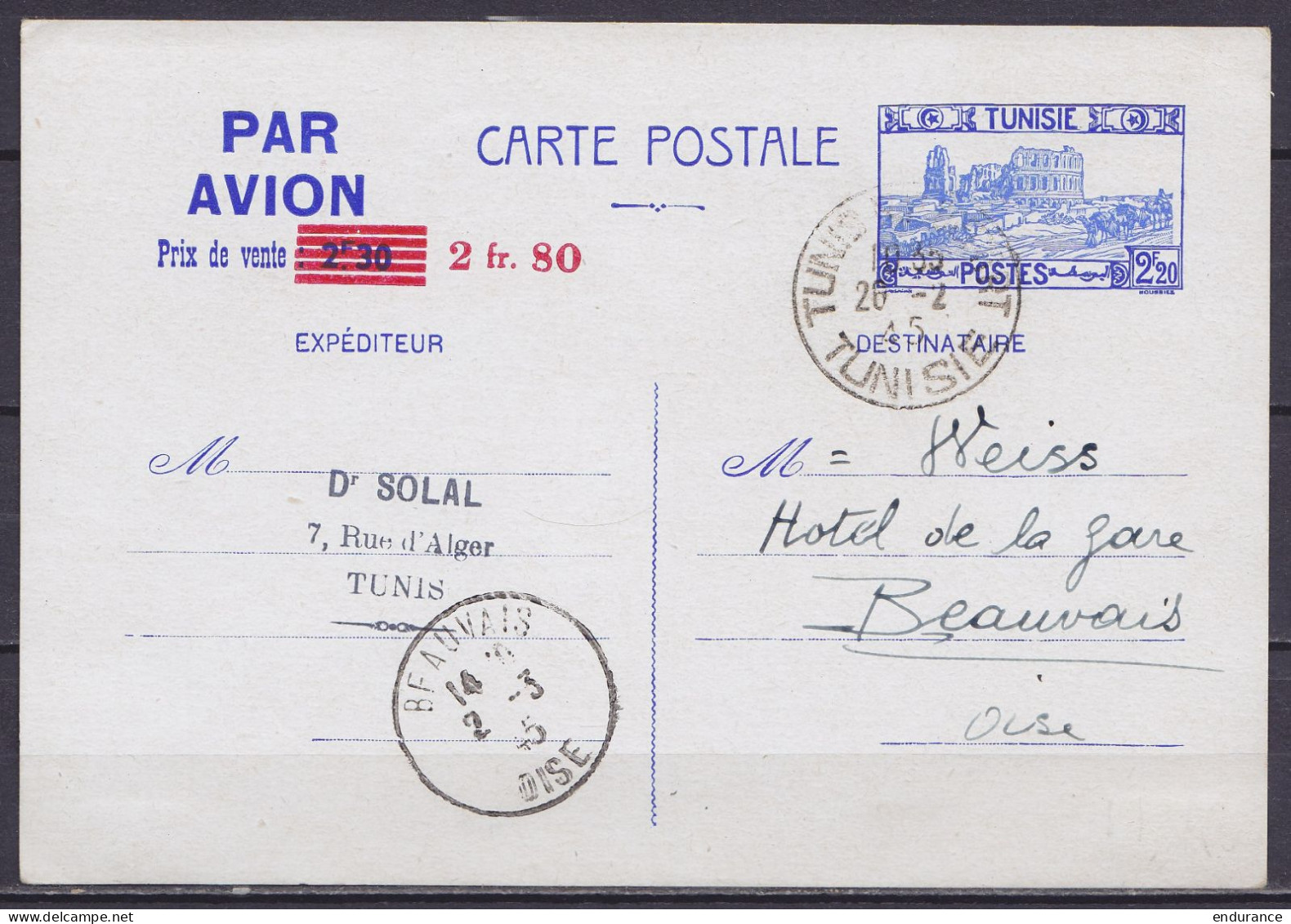 Tunisie - EP CP PAR AVION 2f30 Surch. Rouge 2fr.80 Càd TUNIS /26-2-1945 Pour BEAUVAIS - Storia Postale