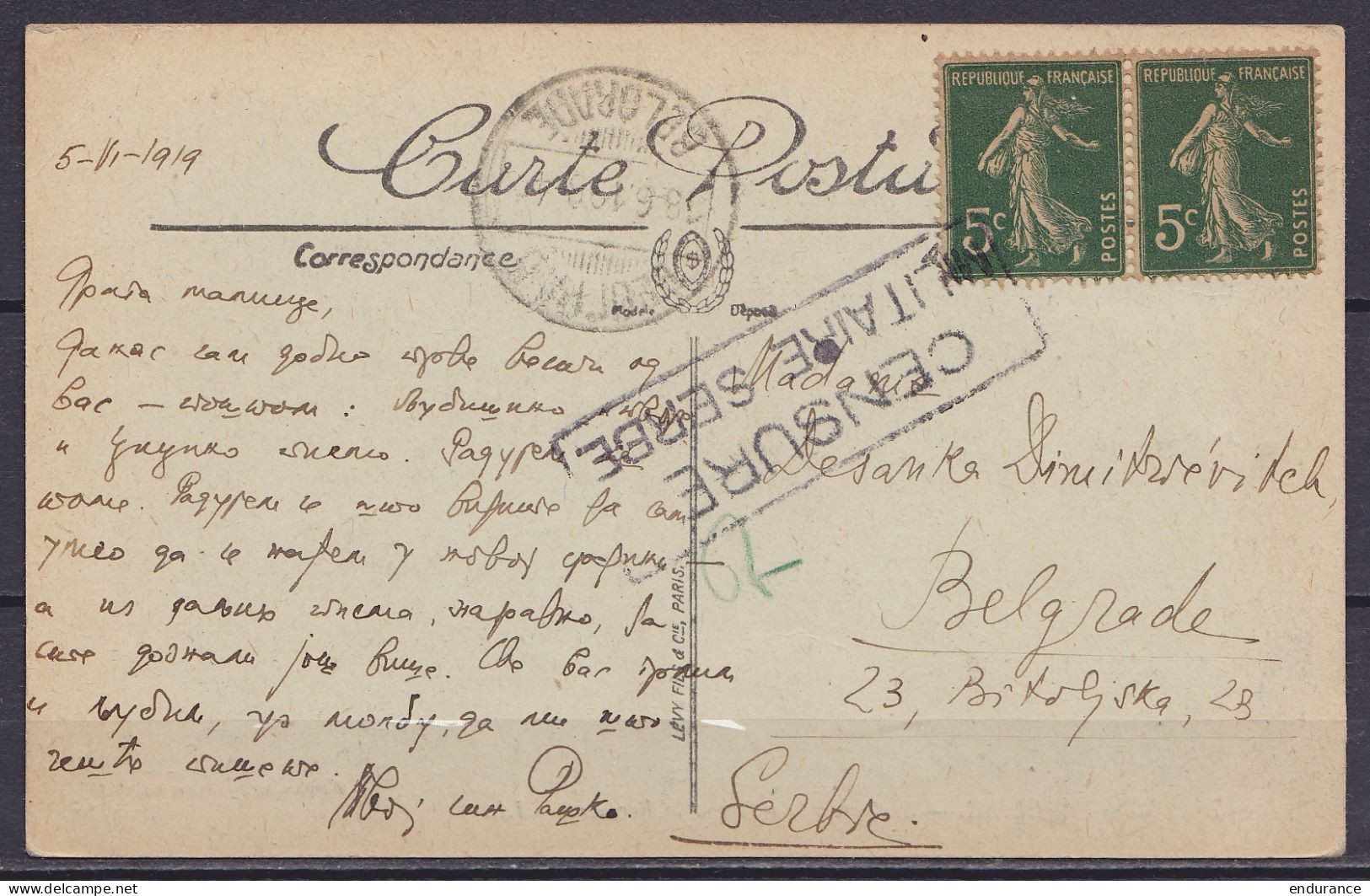 CP Montpellier Datée 5-VI-1919 Affr. Paire N°137 Non-oblit. Pour BELGRADE Serbie - Griffe [CENSURE MILITAIRE SERBE] & Cà - 1906-38 Säerin, Untergrund Glatt