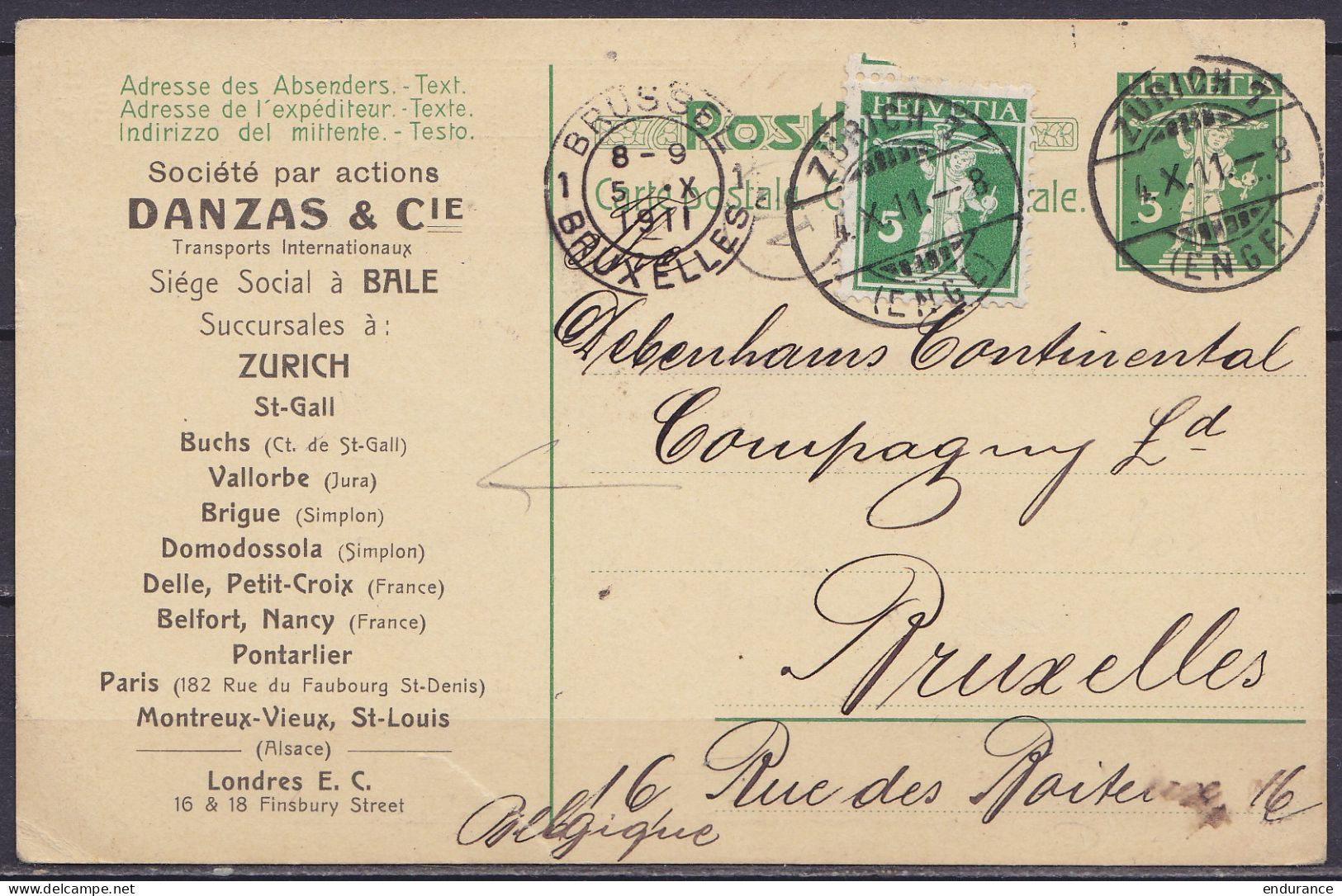 Suisse - EP CP Repiqué "Transports DANZAS" 5c Vert Guillaume Tell + 5c Càpt "ZÜRICH /4.X.1911/ (ENGE)" Pour BRUXELLES (d - Entiers Postaux