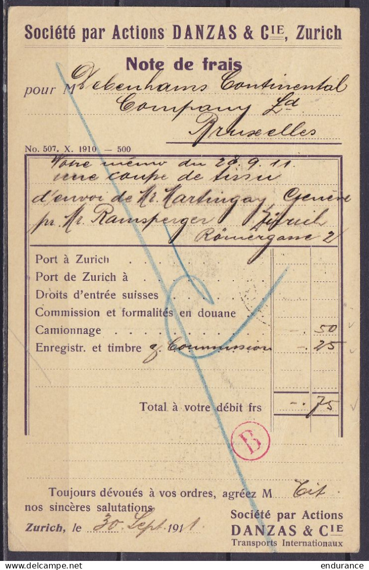 Suisse - EP CP Repiqué "Transports DANZAS" 5c Vert Guillaume Tell + 5c Càpt "ZÜRICH /4.X.1911/ (ENGE)" Pour BRUXELLES (d - Entiers Postaux