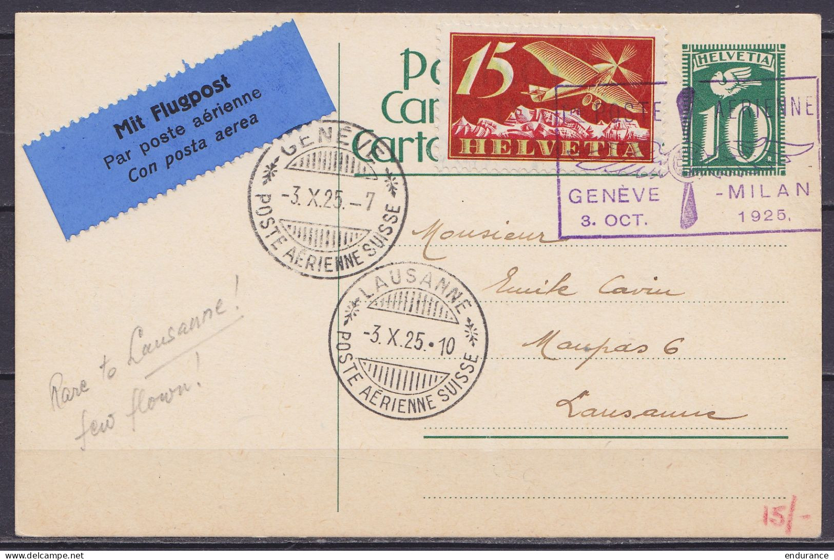 Suisse - EP CP 10c + PA3 Par Poste Aérienne Càpt "GENEVE /-3.X.1925/ POSTE AERIENNE SUISSE" Pour LAUSANNE - Cachet [POST - First Flight Covers