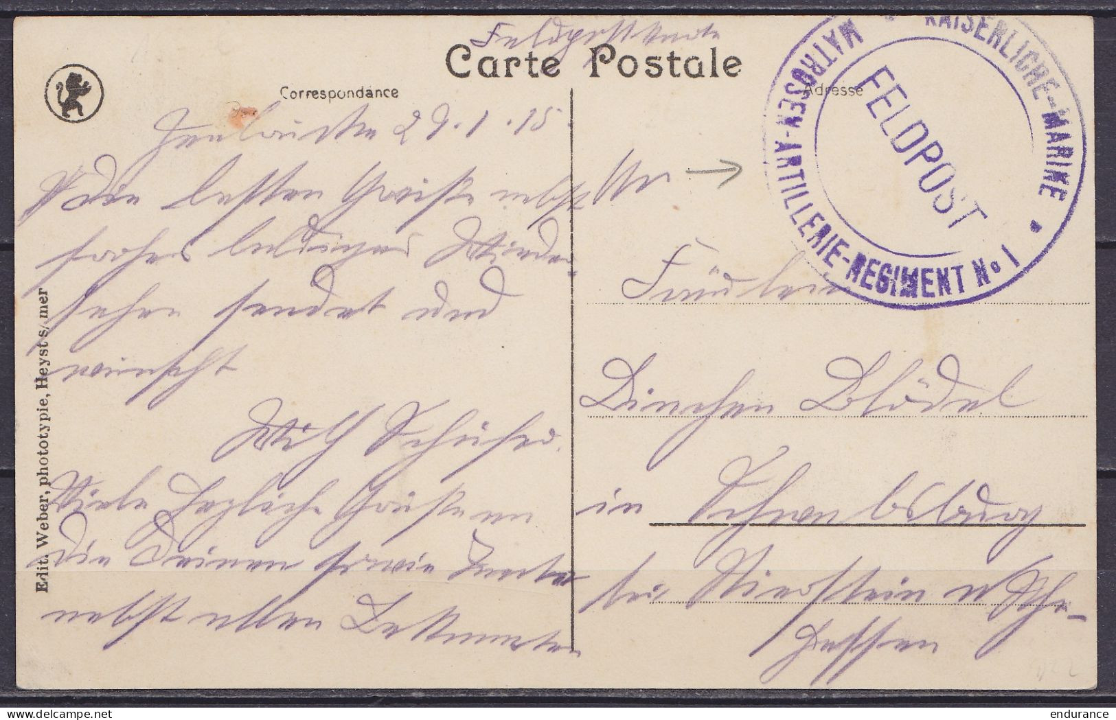 CP HEYST S/mer Datée 29 Janvier 1915 En Franchise Feldpost Pour L'Allemagne - Cachet "KAISERLICHE-MARINE / FELDPOST / MA - Esercito Tedesco