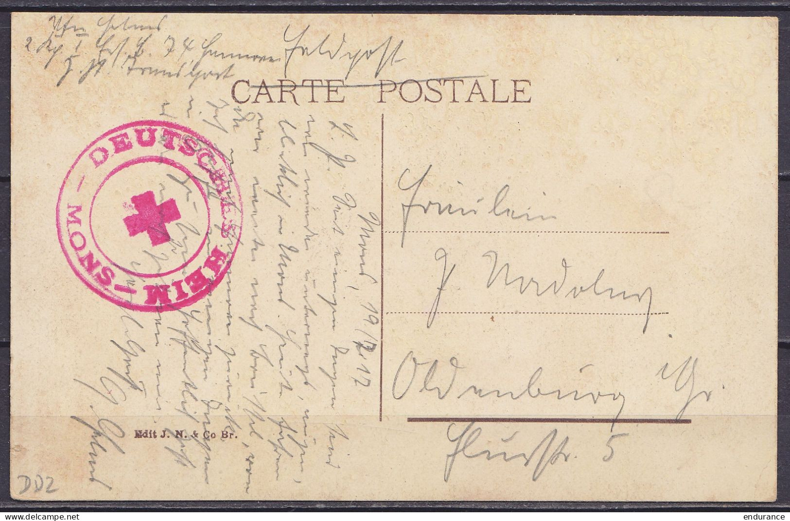 CP Mons Datée 19 Juillet 1917 En Franchise Feldpost Pour L'Allemagne - Cachet "DEUTSCHES HEIM / MONS" (Croix Rouge) - Army: German